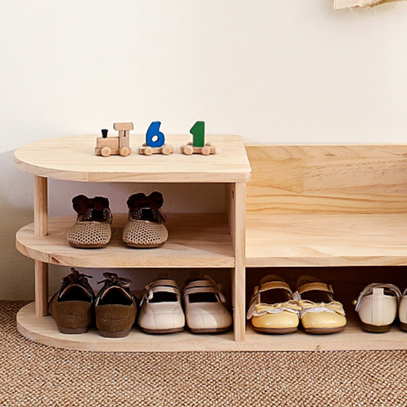 Japanese Style Pine Wood Kids Shoe Rack Curved Two-Tier Solid Wood Shoe Storage for Entryway | Hallway and Living Room