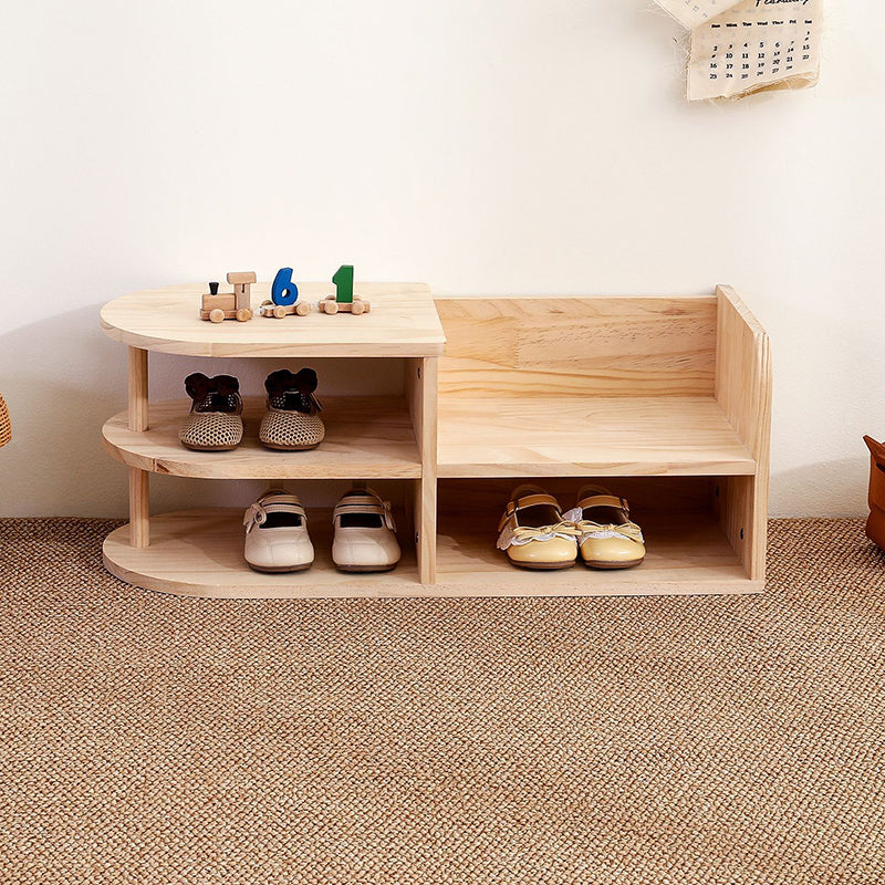 Japanese Style Pine Wood Kids Shoe Rack Curved Two-Tier Solid Wood Shoe Storage for Entryway | Hallway and Living Room