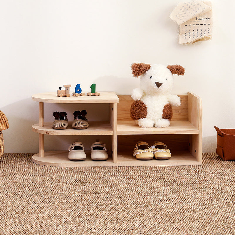 Japanese Style Pine Wood Kids Shoe Rack Curved Two-Tier Solid Wood Shoe Storage for Entryway | Hallway and Living Room