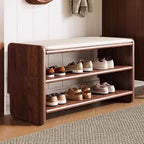 Modern Minimalist Solid Wood Shoe Bench PU Leather Padded Seat with Storage Shelf Rounded Entryway Bench for Hallway | Living Room and Bedroom