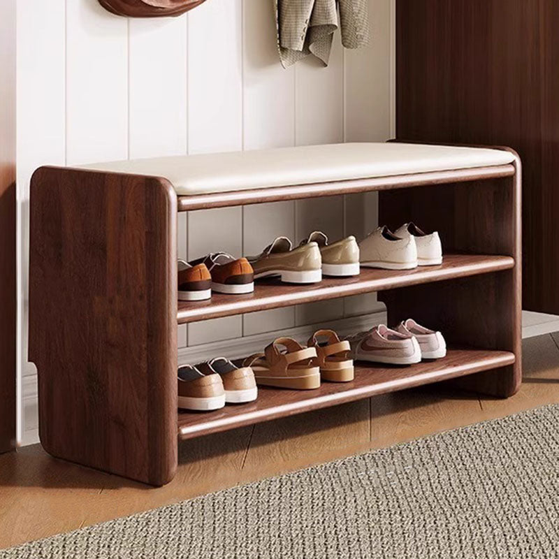 Modern Minimalist Solid Wood Shoe Bench PU Leather Padded Seat with Storage Shelf Rounded Entryway Bench for Hallway | Living Room and Bedroom
