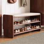 Modern Minimalist Solid Wood Shoe Bench PU Leather Padded Seat with Storage Shelf Rounded Entryway Bench for Hallway | Living Room and Bedroom