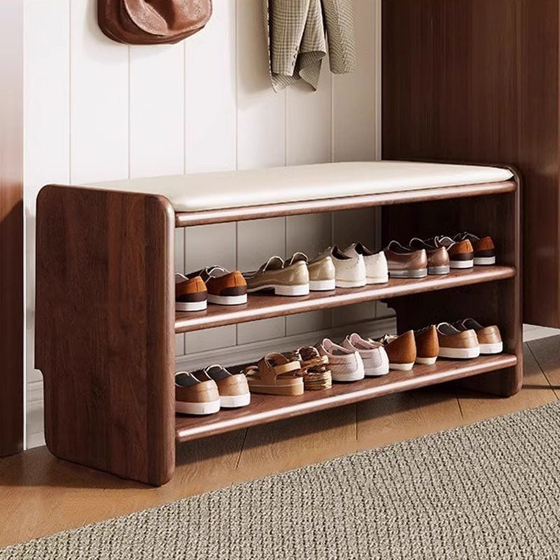 Modern Minimalist Solid Wood Shoe Bench PU Leather Padded Seat with Storage Shelf Rounded Entryway Bench for Hallway | Living Room and Bedroom