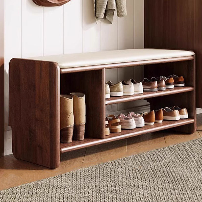 Modern Minimalist Solid Wood Shoe Bench PU Leather Padded Seat with Storage Shelf Rounded Entryway Bench for Hallway | Living Room and Bedroom