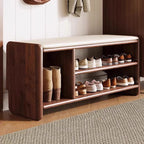 Modern Minimalist Solid Wood Shoe Bench PU Leather Padded Seat with Storage Shelf Rounded Entryway Bench for Hallway | Living Room and Bedroom