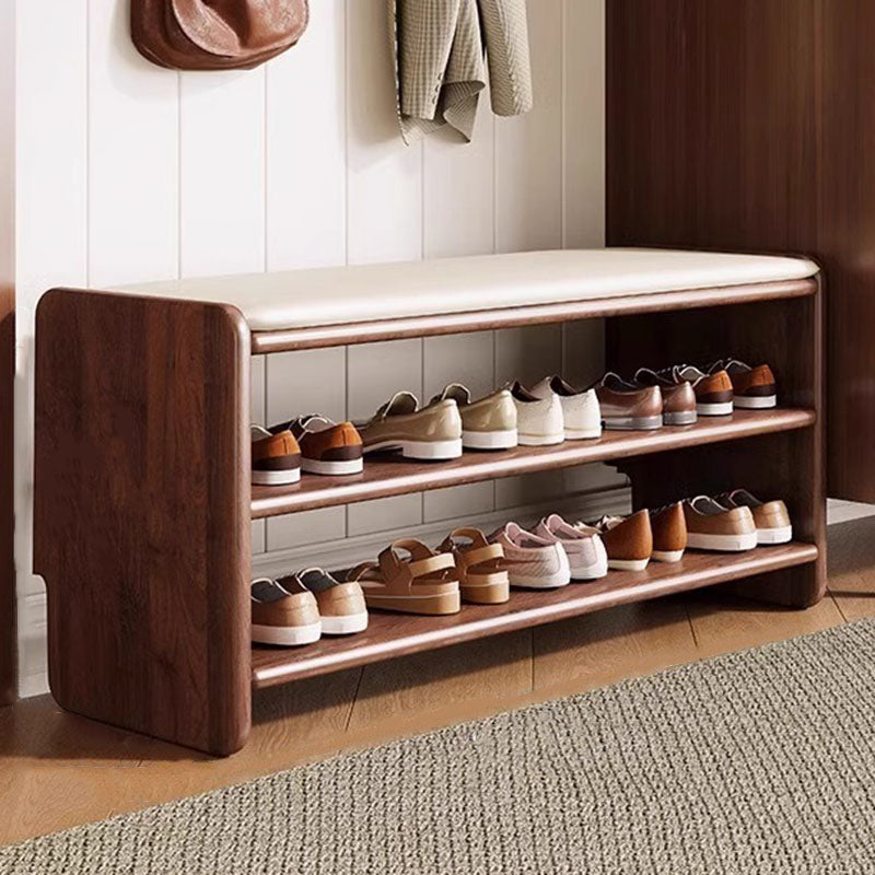 Modern Minimalist Solid Wood Shoe Bench PU Leather Padded Seat with Storage Shelf Rounded Entryway Bench for Hallway | Living Room and Bedroom