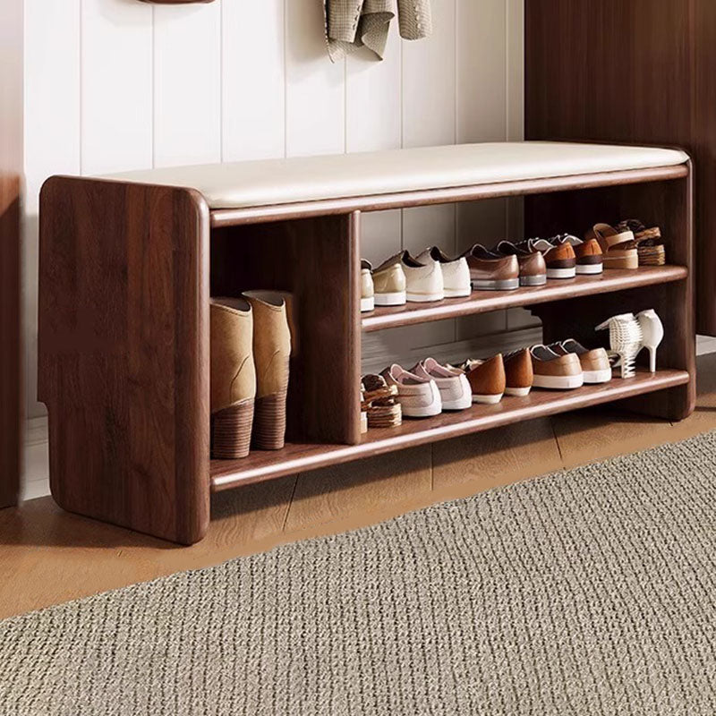 Modern Minimalist Solid Wood Shoe Bench PU Leather Padded Seat with Storage Shelf Rounded Entryway Bench for Hallway | Living Room and Bedroom