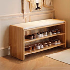 Modern Minimalist Solid Wood Shoe Bench PU Leather Padded Seat with Storage Shelf Rounded Entryway Bench for Hallway | Living Room and Bedroom