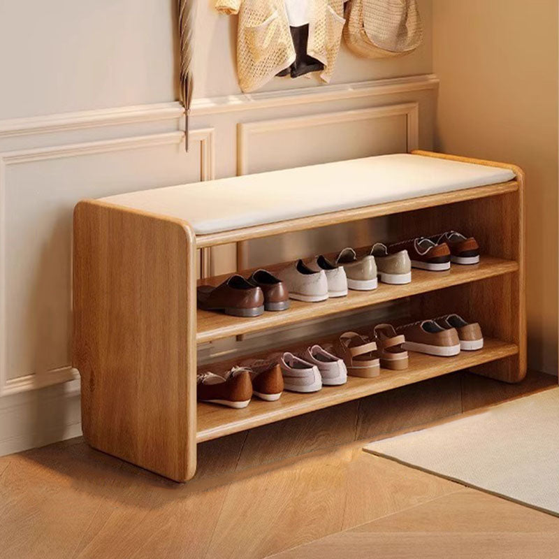 Modern Minimalist Solid Wood Shoe Bench PU Leather Padded Seat with Storage Shelf Rounded Entryway Bench for Hallway | Living Room and Bedroom