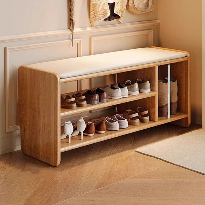 Modern Minimalist Solid Wood Shoe Bench PU Leather Padded Seat with Storage Shelf Rounded Entryway Bench for Hallway | Living Room and Bedroom