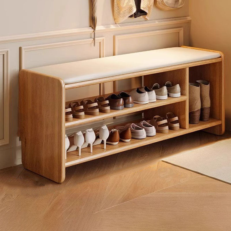 Modern Minimalist Solid Wood Shoe Bench PU Leather Padded Seat with Storage Shelf Rounded Entryway Bench for Hallway | Living Room and Bedroom