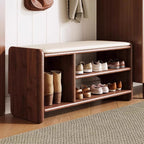 Modern Minimalist Solid Wood Shoe Bench PU Leather Padded Seat with Storage Shelf Rounded Entryway Bench for Hallway | Living Room and Bedroom