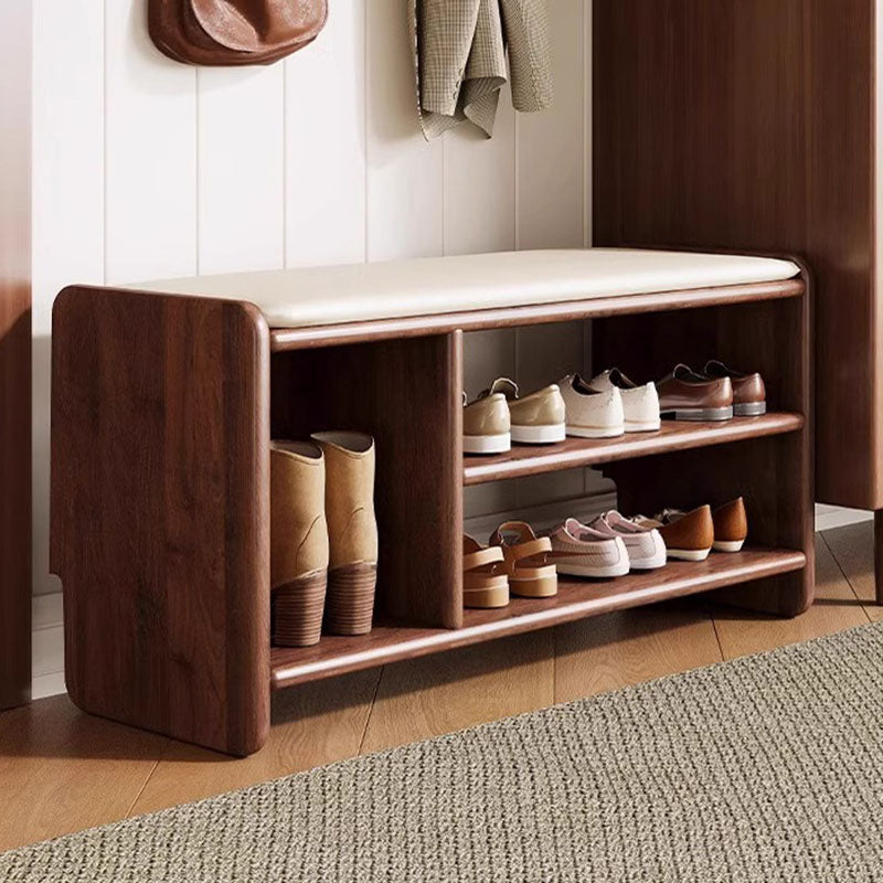 Modern Minimalist Solid Wood Shoe Bench PU Leather Padded Seat with Storage Shelf Rounded Entryway Bench for Hallway | Living Room and Bedroom