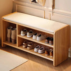 Modern Minimalist Solid Wood Shoe Bench PU Leather Padded Seat with Storage Shelf Rounded Entryway Bench for Hallway | Living Room and Bedroom