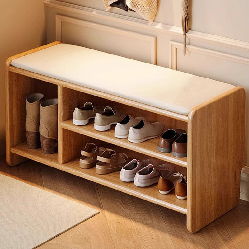 Modern Minimalist Solid Wood Shoe Bench PU Leather Padded Seat with Storage Shelf Rounded Entryway Bench for Hallway | Living Room and Bedroom