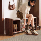 Modern Minimalist Solid Wood Shoe Bench PU Leather Padded Seat with Storage Shelf Rounded Entryway Bench for Hallway | Living Room and Bedroom