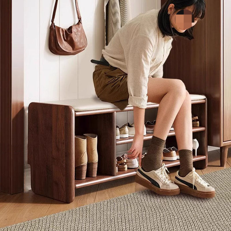 Modern Minimalist Solid Wood Shoe Bench PU Leather Padded Seat with Storage Shelf Rounded Entryway Bench for Hallway | Living Room and Bedroom