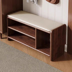 Modern Minimalist Solid Wood Shoe Bench PU Leather Padded Seat with Storage Shelf Rounded Entryway Bench for Hallway | Living Room and Bedroom