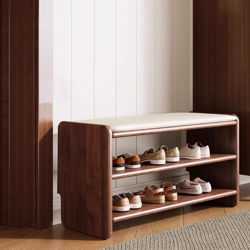 Modern Minimalist Solid Wood Shoe Bench PU Leather Padded Seat with Storage Shelf Rounded Entryway Bench for Hallway | Living Room and Bedroom