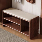 Modern Minimalist Solid Wood Shoe Bench PU Leather Padded Seat with Storage Shelf Rounded Entryway Bench for Hallway | Living Room and Bedroom