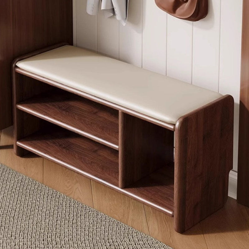 Modern Minimalist Solid Wood Shoe Bench PU Leather Padded Seat with Storage Shelf Rounded Entryway Bench for Hallway | Living Room and Bedroom