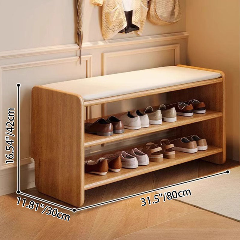 Modern Minimalist Solid Wood Shoe Bench PU Leather Padded Seat with Storage Shelf Rounded Entryway Bench for Hallway | Living Room and Bedroom