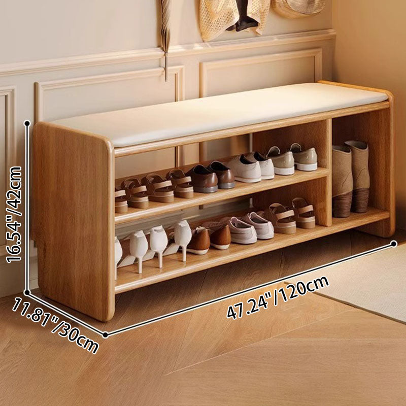 Modern Minimalist Solid Wood Shoe Bench PU Leather Padded Seat with Storage Shelf Rounded Entryway Bench for Hallway | Living Room and Bedroom