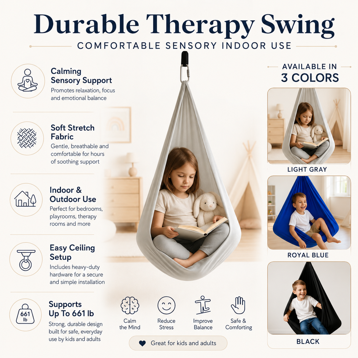 Sensory Therapy Swing Indoor Hammock Swing for Children and Adults Calming Hanging Swing with Carabiner and Extension Strap | for Bedroom and Playroom