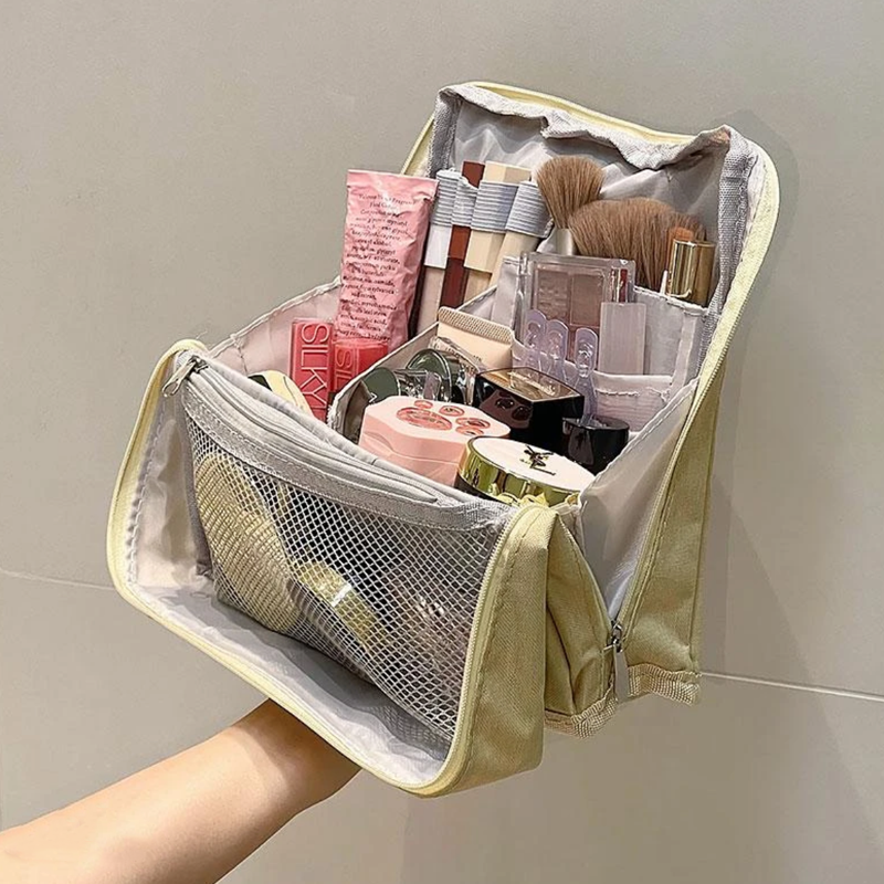 Travel Makeup Bag Structured Waterproof Cosmetic Organiser with Brush Cover and Padded Compartments for Vanity | Suitcase and Weekend Trips