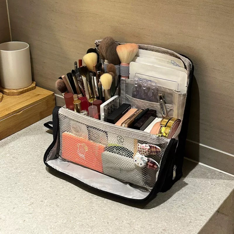 Travel Makeup Bag Structured Waterproof Cosmetic Organiser with Brush Cover and Padded Compartments for Vanity | Suitcase and Weekend Trips