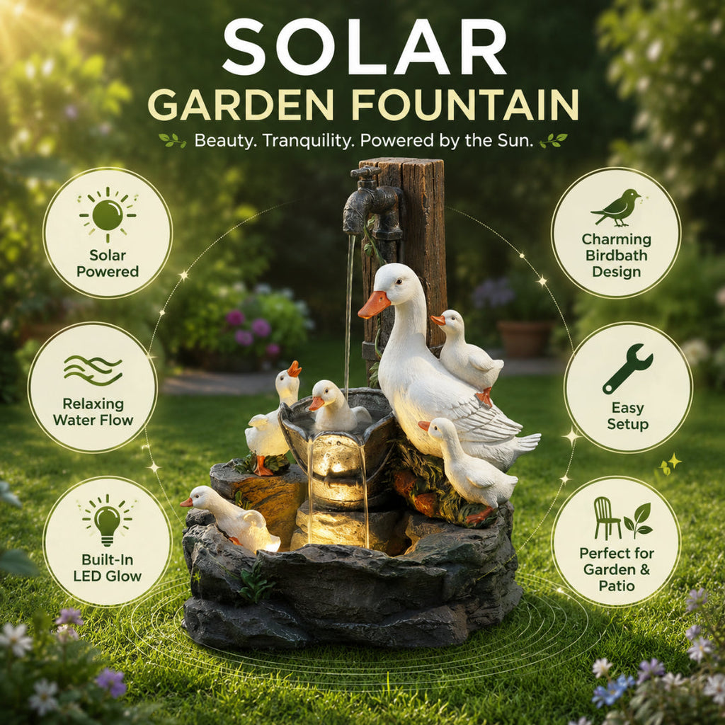 Solar Garden Fountain Birdbath Outdoor Water Feature with LED Light | Duck and Squirrel Ornament for Patio | Balcony and Garden