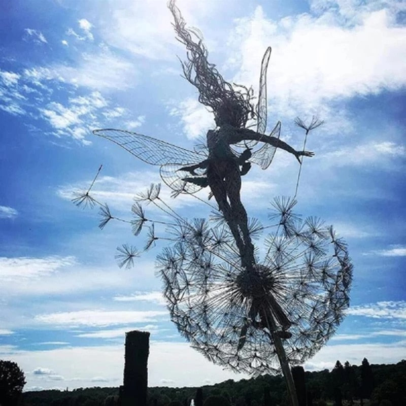Fairy Garden Stake Sculpture Metal Dandelion Lawn Ornament Weather Resistant Outdoor Decoration for Flower Beds | Garden and Patio