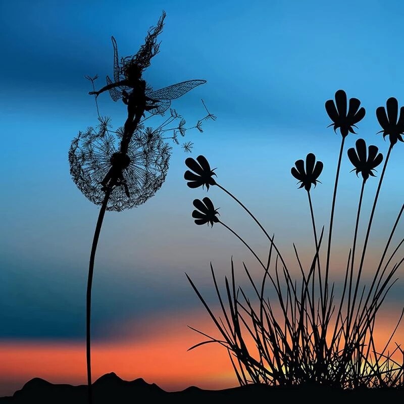 Fairy Garden Stake Sculpture Metal Dandelion Lawn Ornament Weather Resistant Outdoor Decoration for Flower Beds | Garden and Patio