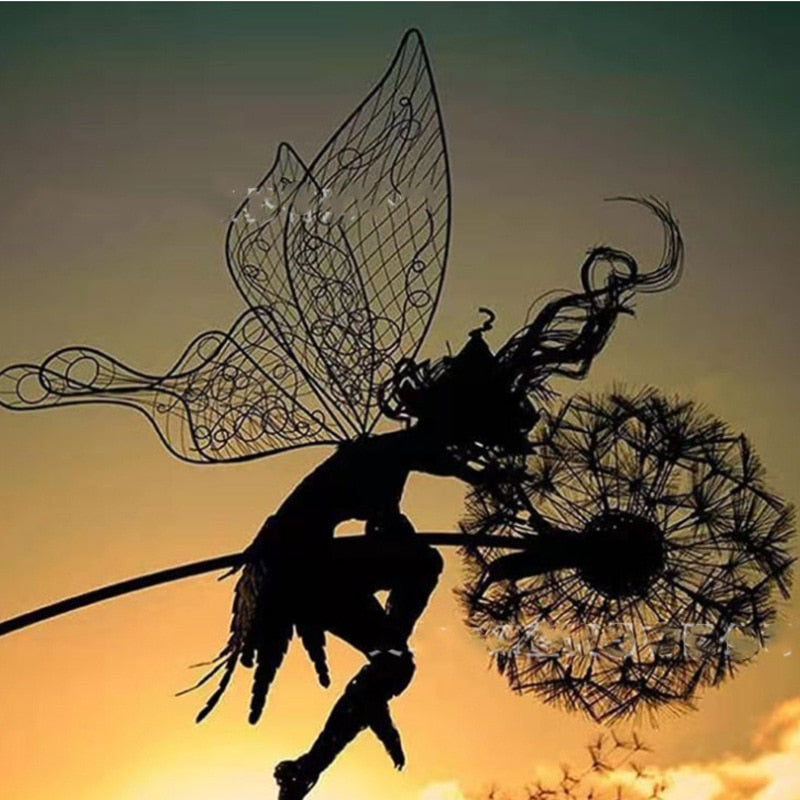 Fairy Garden Stake Sculpture Metal Dandelion Lawn Ornament Weather Resistant Outdoor Decoration for Flower Beds | Garden and Patio
