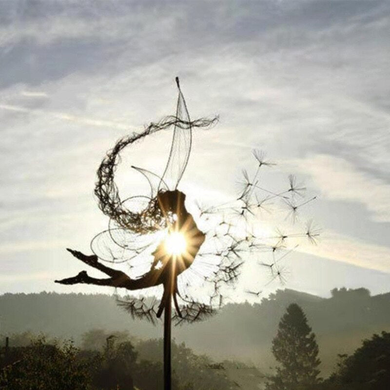 Fairy Garden Stake Sculpture Metal Dandelion Lawn Ornament Weather Resistant Outdoor Decoration for Flower Beds | Garden and Patio
