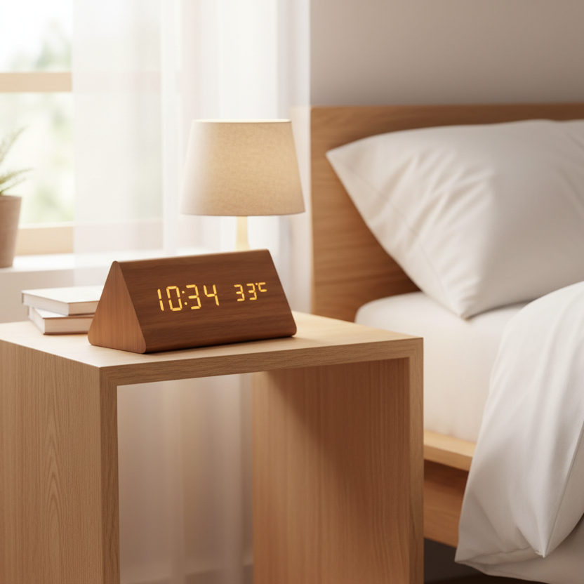 LED Wooden Alarm Clock Voice-Activated Digital Desk Clock Adjustable Brightness USB or Battery Powered for Bedroom | Office and Living Room