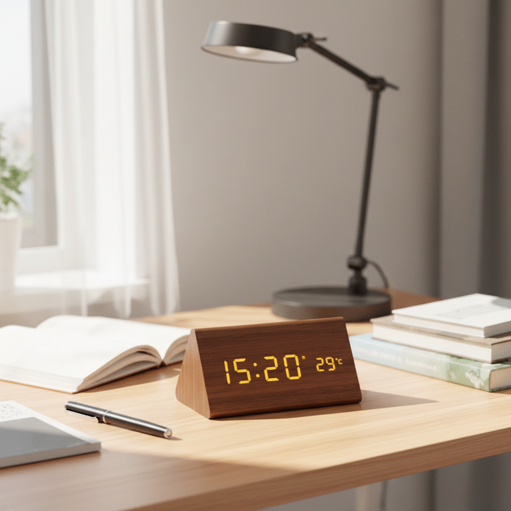LED Wooden Alarm Clock Voice-Activated Digital Desk Clock Adjustable Brightness USB or Battery Powered for Bedroom | Office and Living Room
