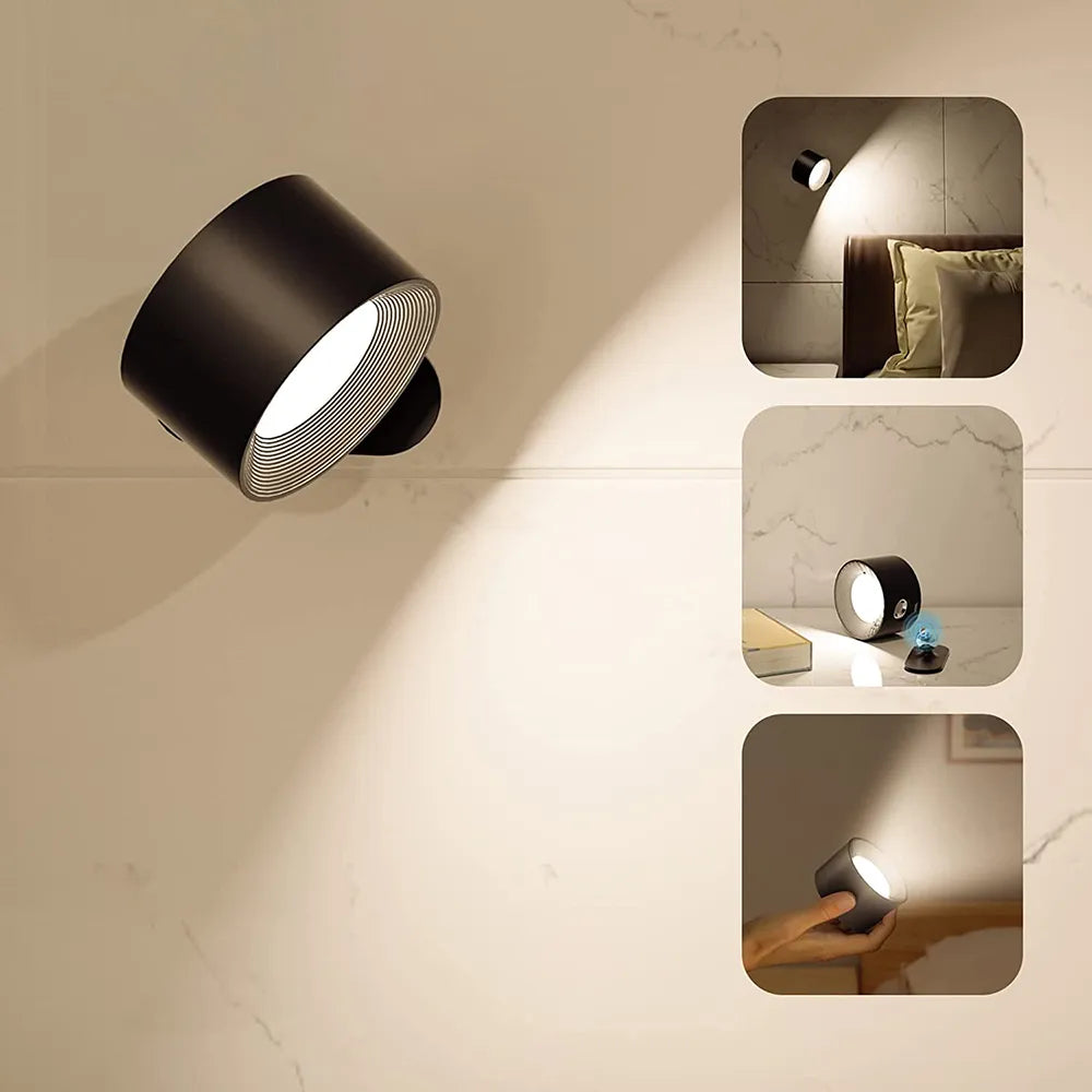 Cordless Wall Light Rechargeable Dimmable LED Reading Lamp Rotating Head Magnetic No-Drill Mount for Bedside | Hallway and Living Room