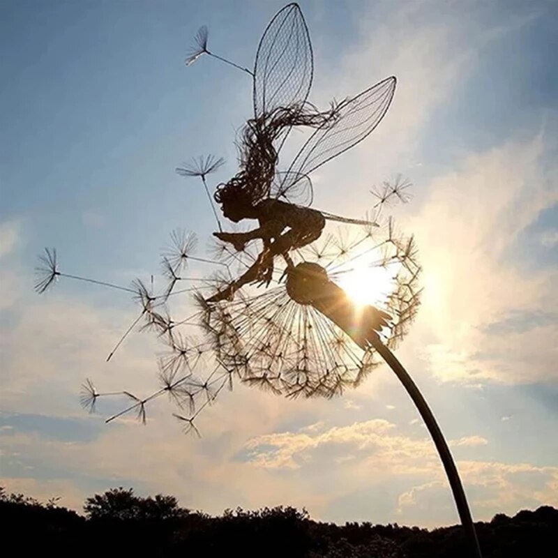 Fairy Garden Stake Sculpture Metal Dandelion Lawn Ornament Weather Resistant Outdoor Decoration for Flower Beds | Garden and Patio