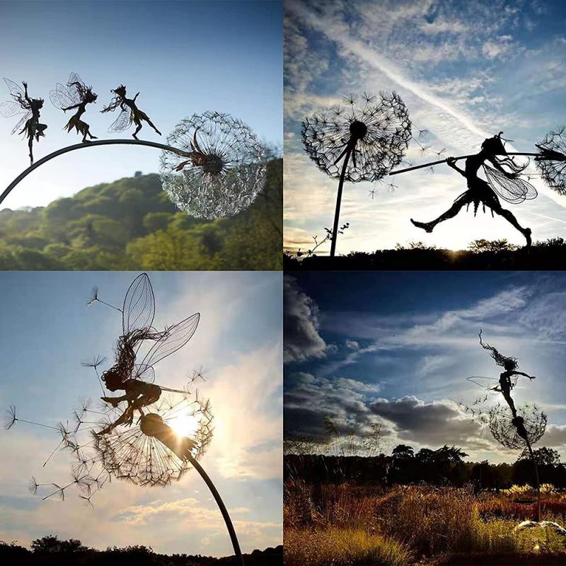 Fairy Garden Stake Sculpture Metal Dandelion Lawn Ornament Weather Resistant Outdoor Decoration for Flower Beds | Garden and Patio