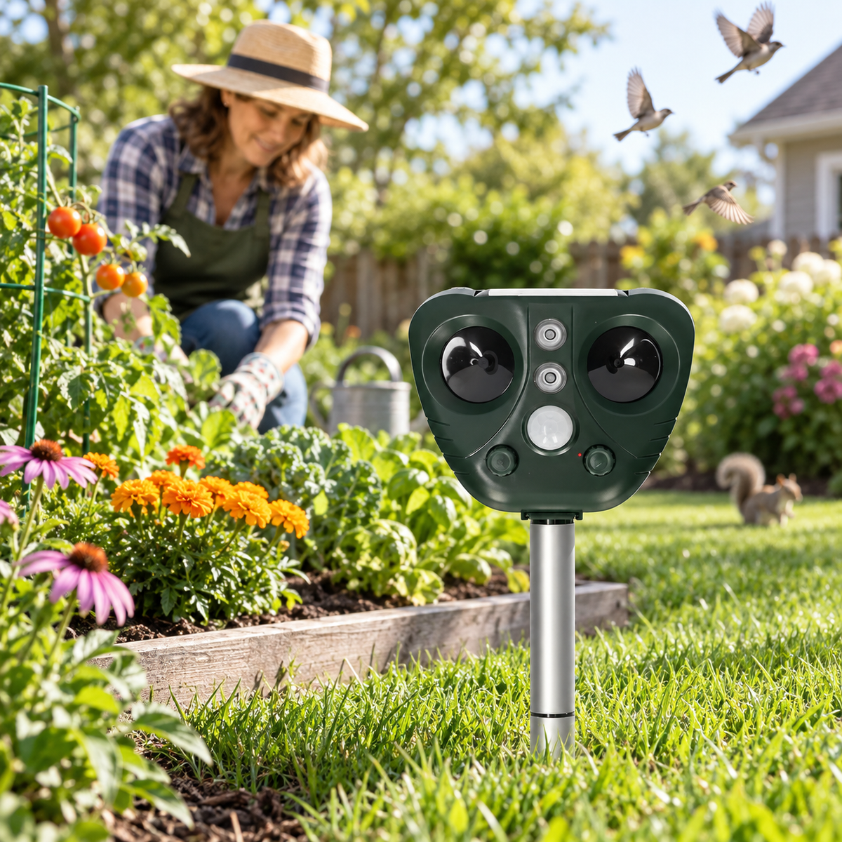 Solar Ultrasonic Bird Repeller Outdoor Pest Deterrent with Flashing LED Lights Adjustable Modes and Sensitivity for Garden | Yard and Balcony