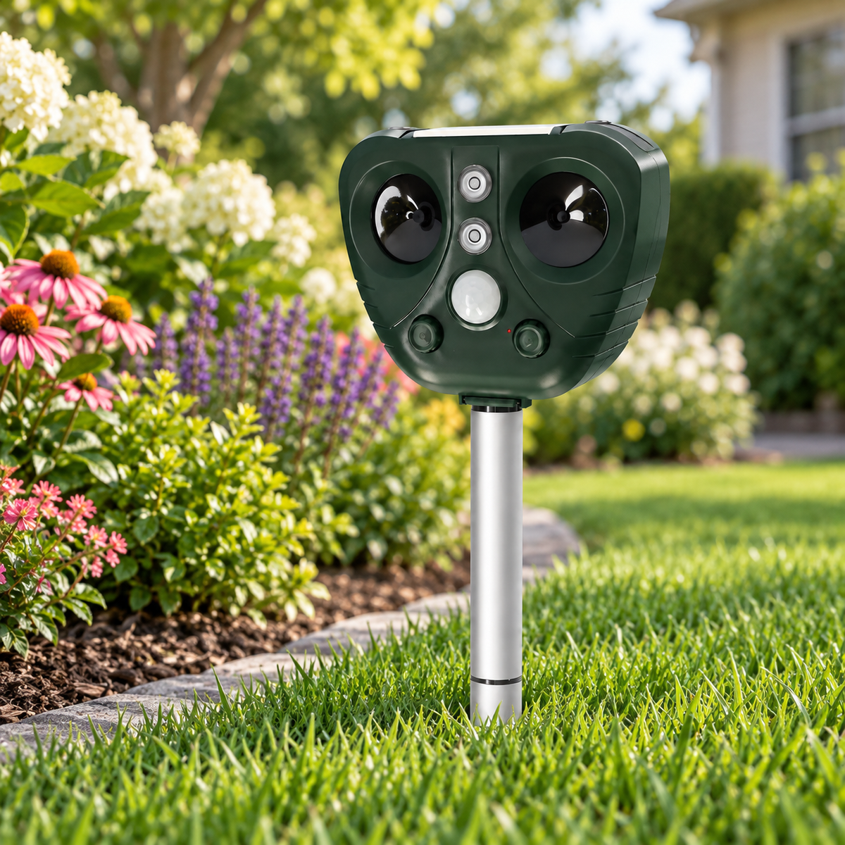 Solar Ultrasonic Bird Repeller Outdoor Pest Deterrent with Flashing LED Lights Adjustable Modes and Sensitivity for Garden | Yard and Balcony
