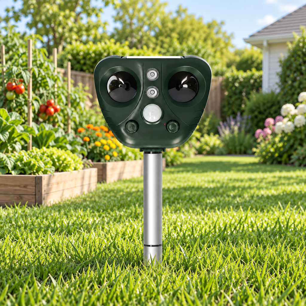 Solar Ultrasonic Bird Repeller Outdoor Pest Deterrent with Flashing LED Lights Adjustable Modes and Sensitivity for Garden | Yard and Balcony