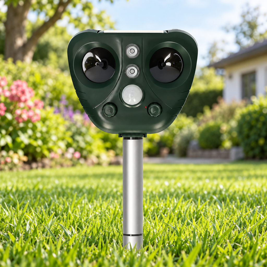 Solar Ultrasonic Bird Repeller Outdoor Pest Deterrent with Flashing LED Lights Adjustable Modes and Sensitivity for Garden | Yard and Balcony