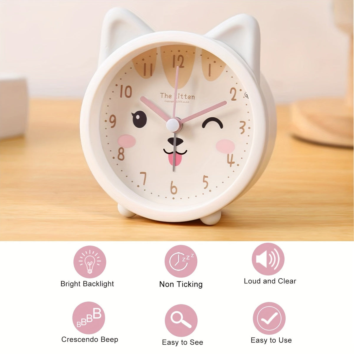 Kids Silent Alarm Clock with Night Light Cute Bunny Design Battery Operated for Children's Bedroom | Nursery and Desk