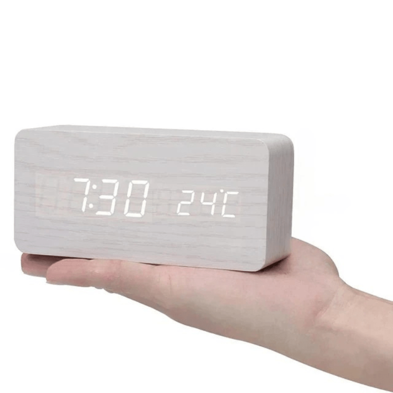 LED Wooden Alarm Clock Voice-Activated Digital Desk Clock Adjustable Brightness USB or Battery Powered for Bedroom | Office and Living Room