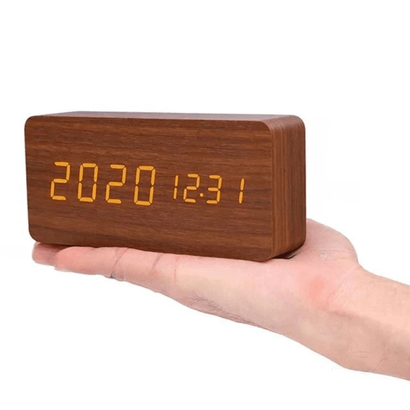 LED Wooden Alarm Clock Voice-Activated Digital Desk Clock Adjustable Brightness USB or Battery Powered for Bedroom | Office and Living Room