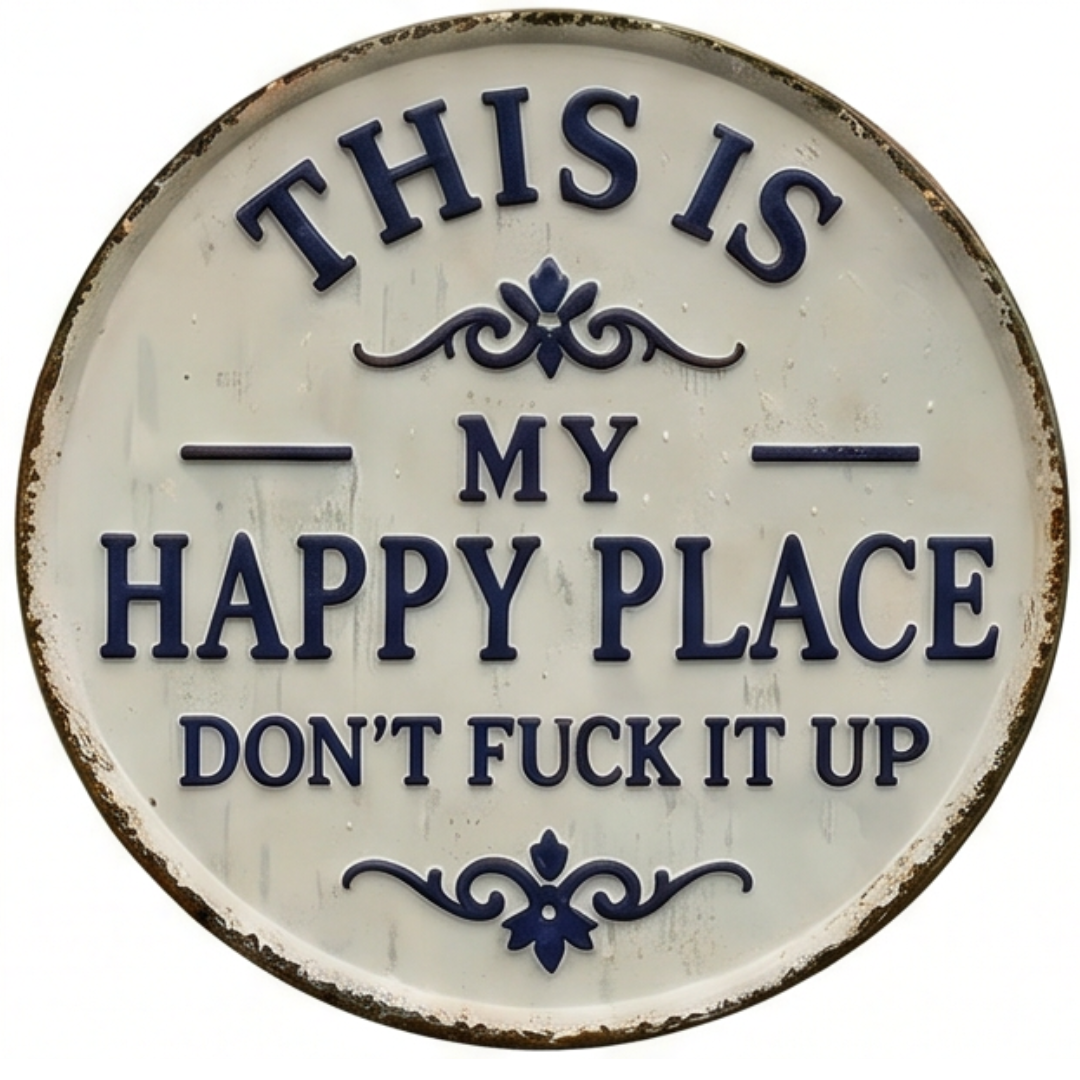 Happy Place Round Metal Sign Vintage Distressed Raised Lettering Weatherproof Hanging Plaque with Twine Cord for Garden | Porch and Shed