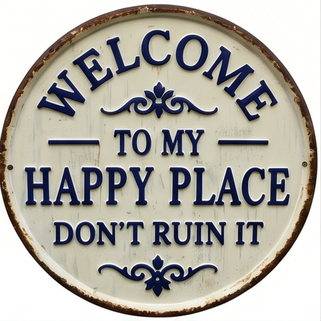 Happy Place Round Metal Sign Vintage Distressed Raised Lettering Weatherproof Hanging Plaque with Twine Cord for Garden | Porch and Shed