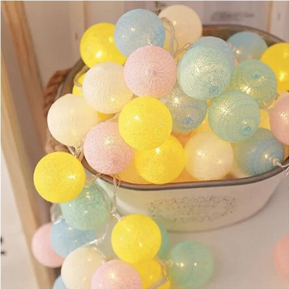 Cotton Ball String Lights LED Fairy Light Garland USB or Battery Powered Warm Glow for Bedroom | Nursery and Party Decoration